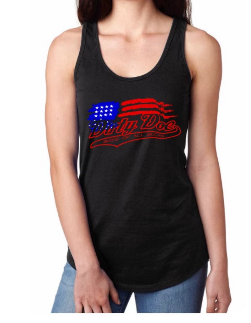 Dirty Doe "PROUD TO BE AN AMERICAN" Racer Back Tank Top (assorted colors) - Dirty Doe & Buck Wild 