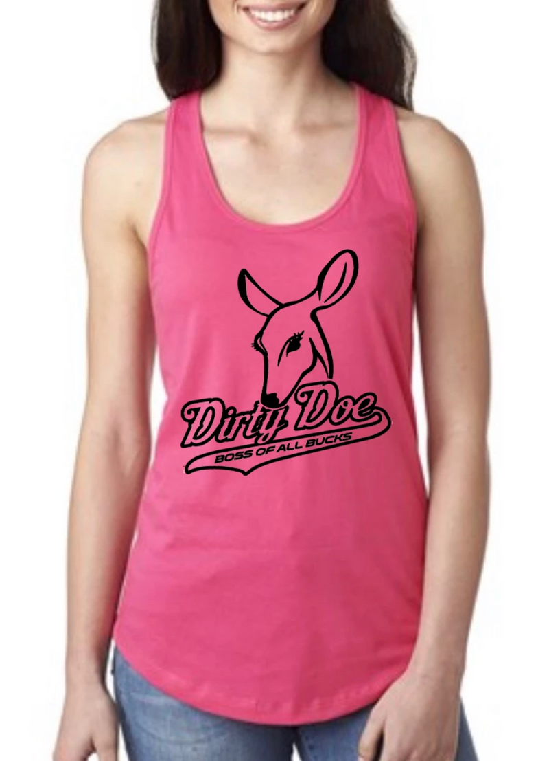 Dirty Doe Pink Racer Back Tank Top with black logo or blue logo - Dirty Doe & Buck Wild 